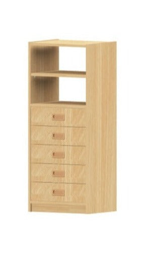 Kita Möbel Hochschrank Holz Buche Dekor Höhe 52cm mit offenem Regalteil oben und Varianten Tür  Materialkästen Schubfächer