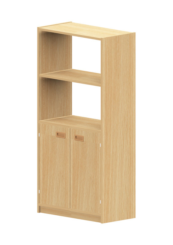 Kita Möbel Hochschrank Holz Buche Dekor mit offenem Regalteil oben und Varianten Doppeltür Materialkästen Schubfächer