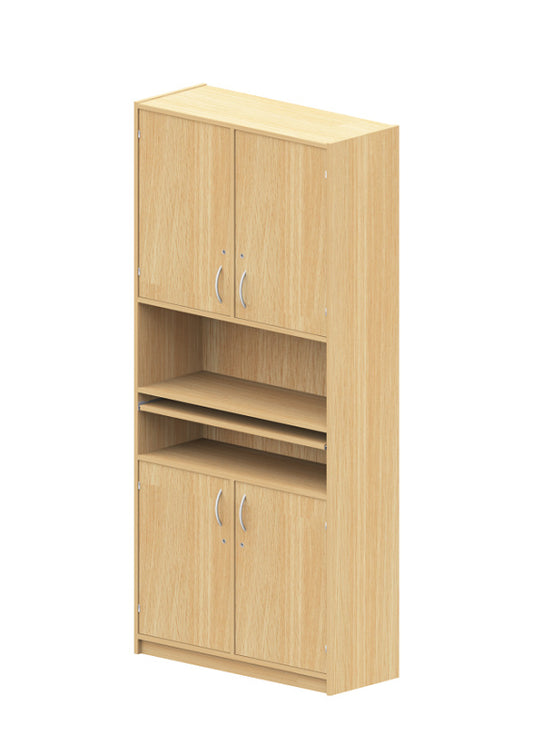 Kita Möbel: Hochschrank aus Holz, Dekor Buche, hell, mit ausziehbarer Schreibplatte und  Doppeltüren (oben und unten)